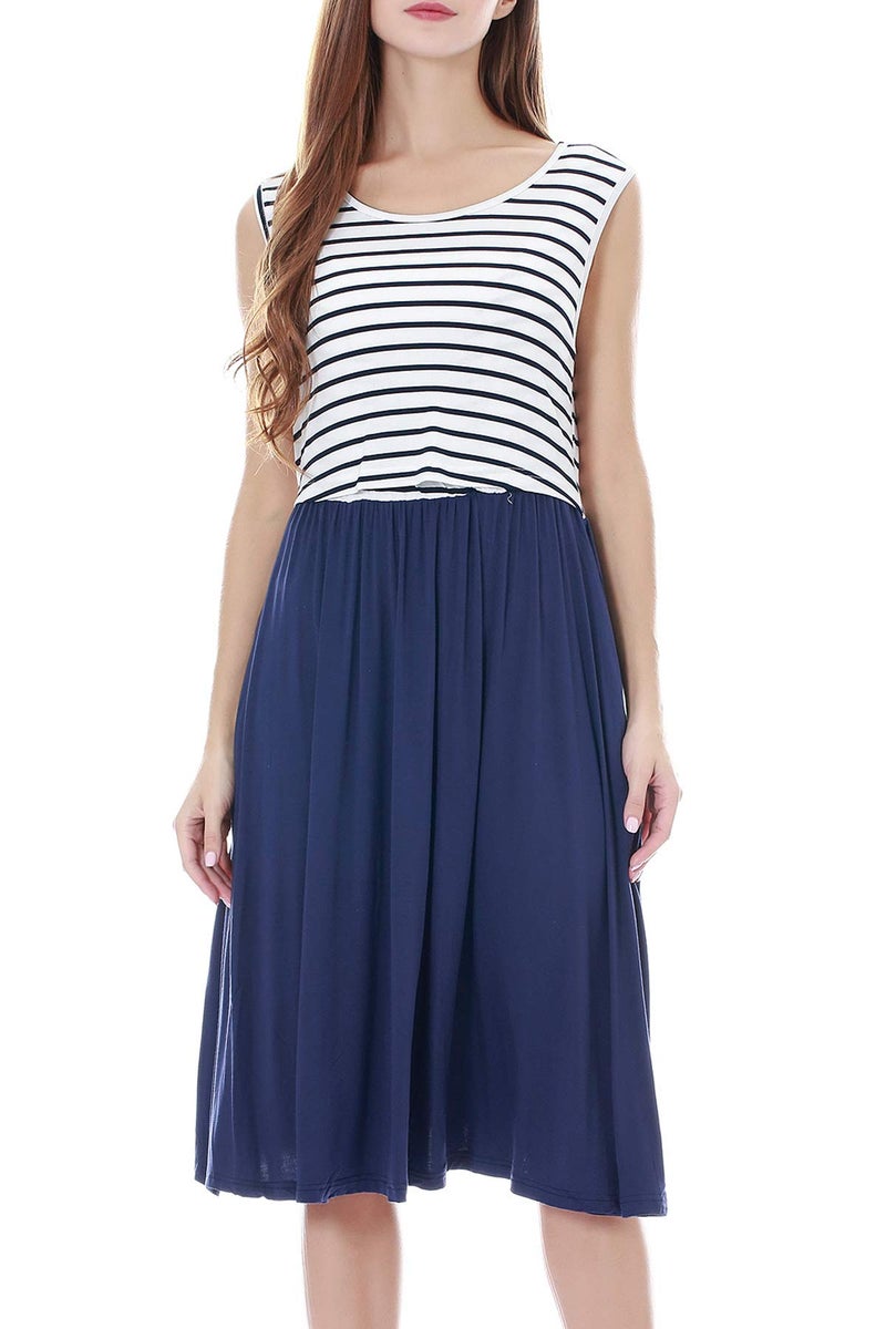 Smallshow Women's Sleeveless Nursing Dresses Patchwork Maternity Breastfeeding Dress Navy Stripe-Navy Large - Image 2